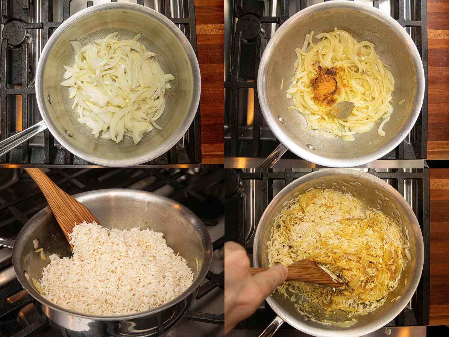 Four Image collage of overhead view of onions, seasonings being added, rice being adding, and everything being stirred together