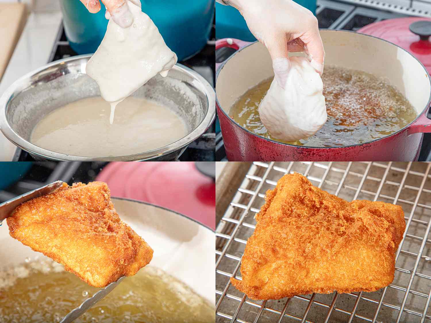 Four image collage of frying battered fish