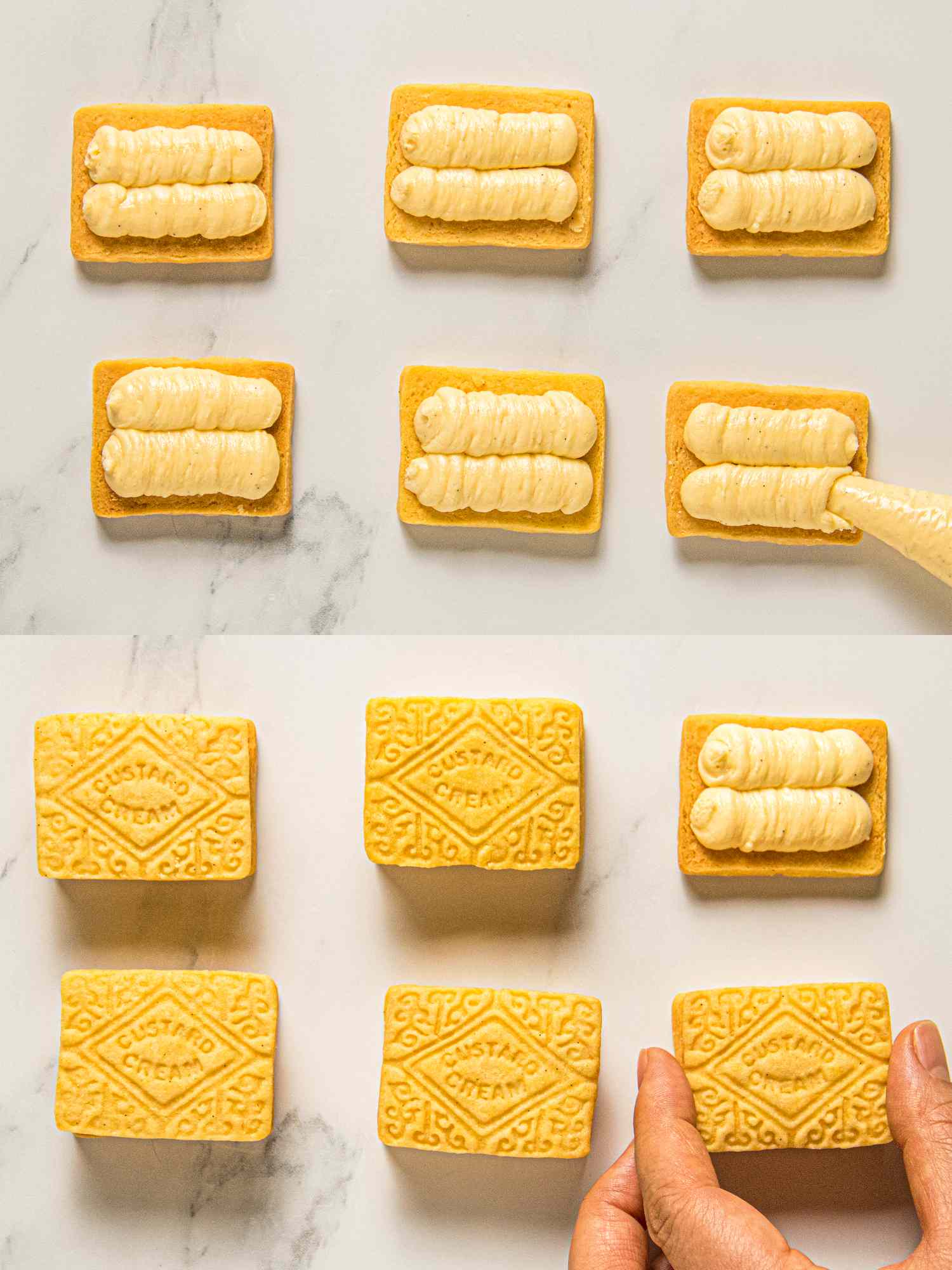 Overhead view of assembling custard creams