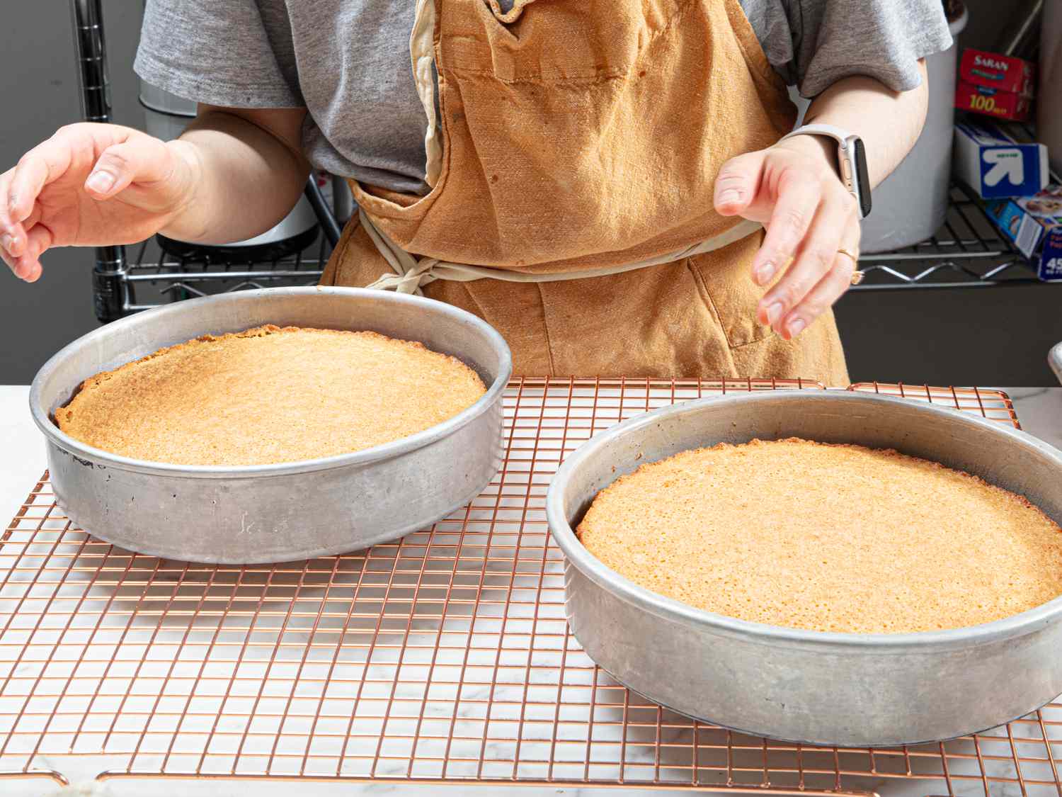 Overhead view of cakes cooling