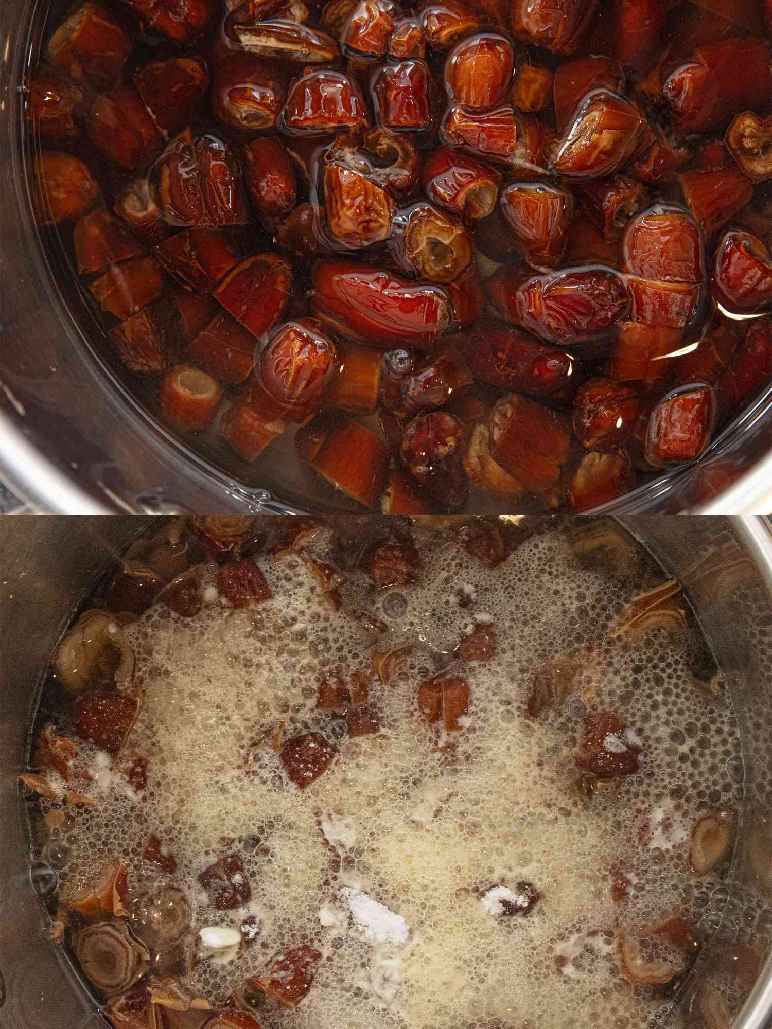 Overhead view of prunes cooking 
