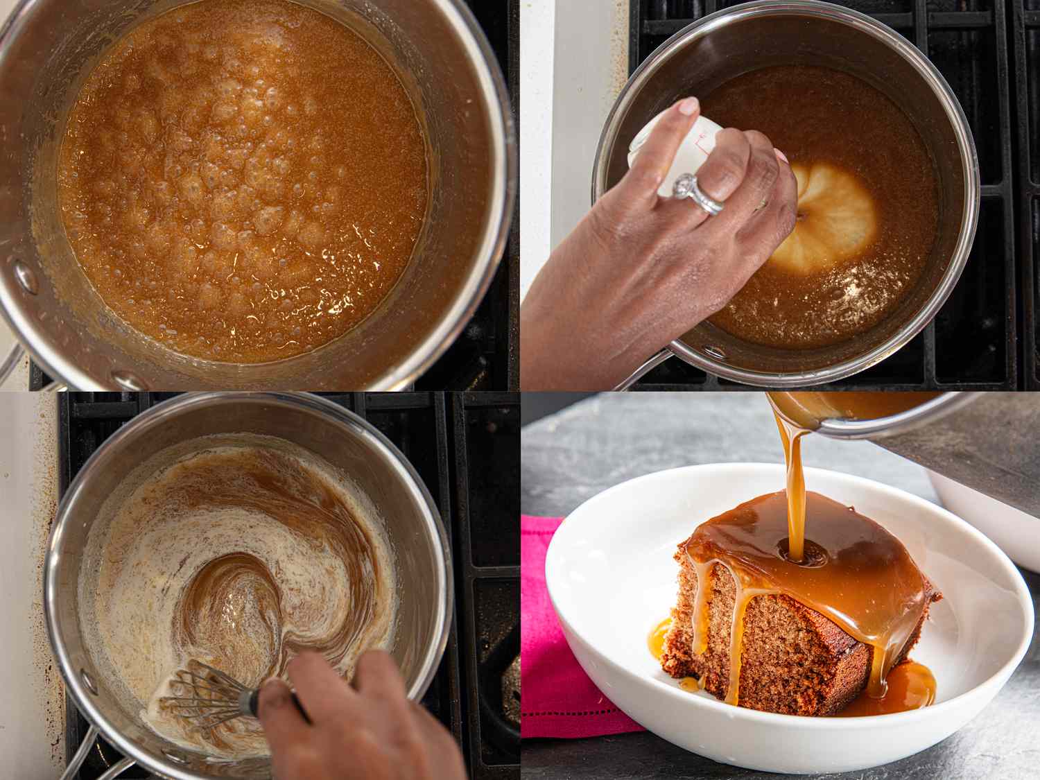 Four image collage of making caramel sauce