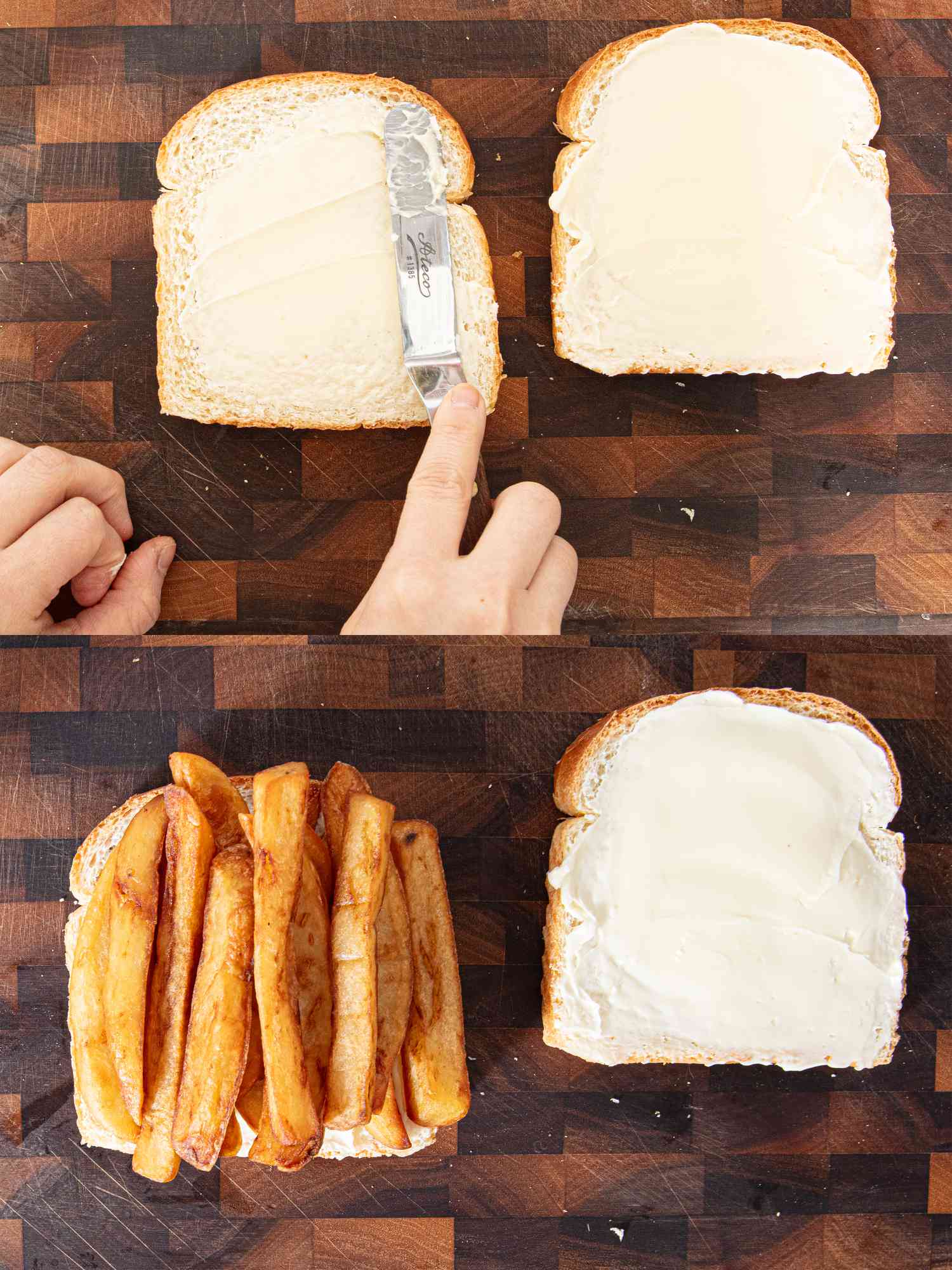 Two image collage of assembling chip butty