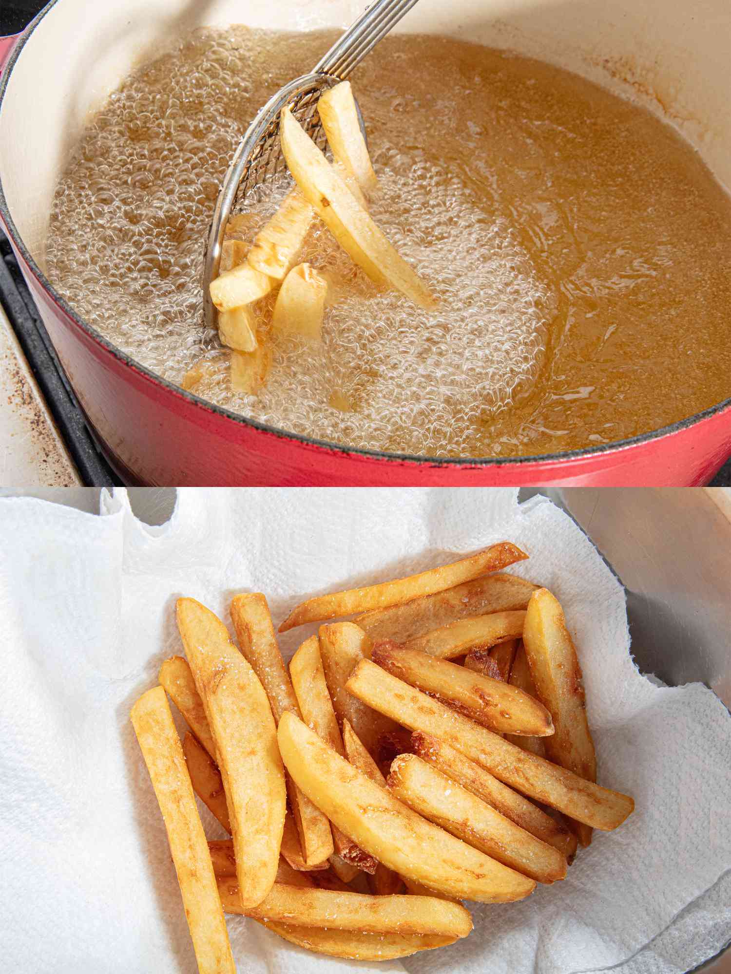 Two image collage of chips being fried and salted