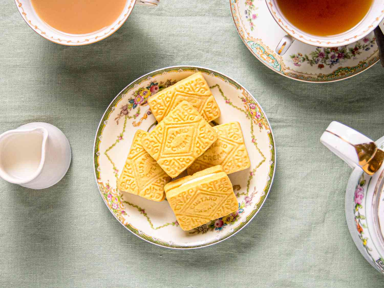 Overhead view of custard creams with tea