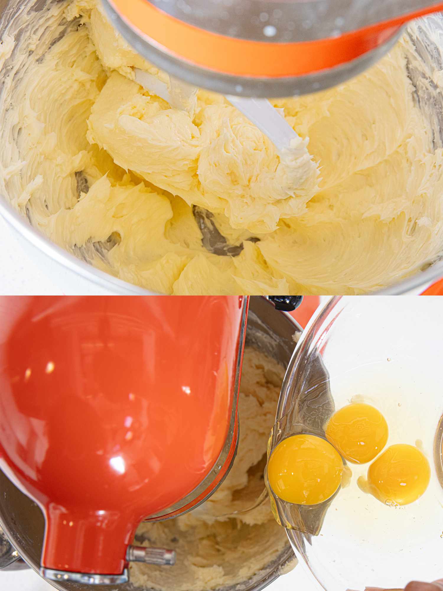 Two image collage of sugar and butter mixed together in an orange stand mixer and an egg being added to it