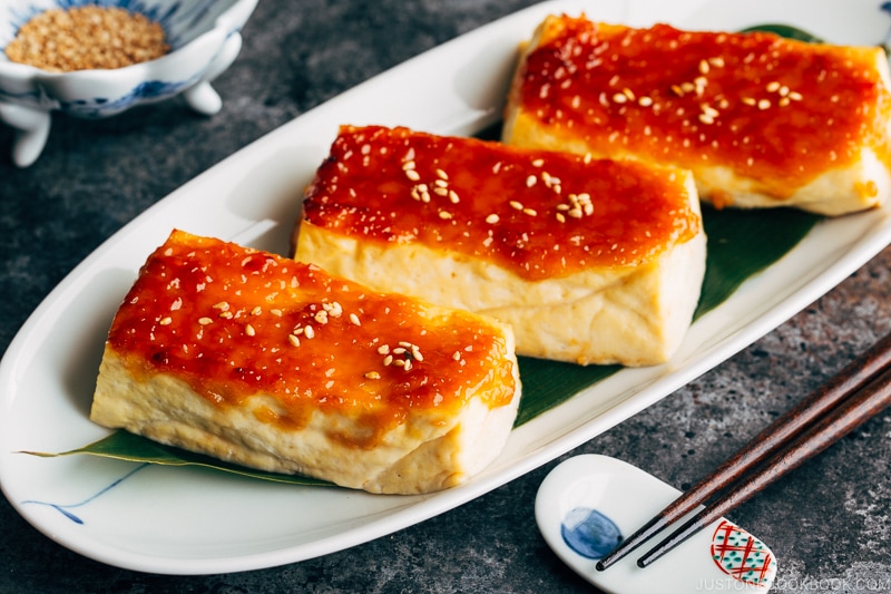 Tofu dengaku on a plate.