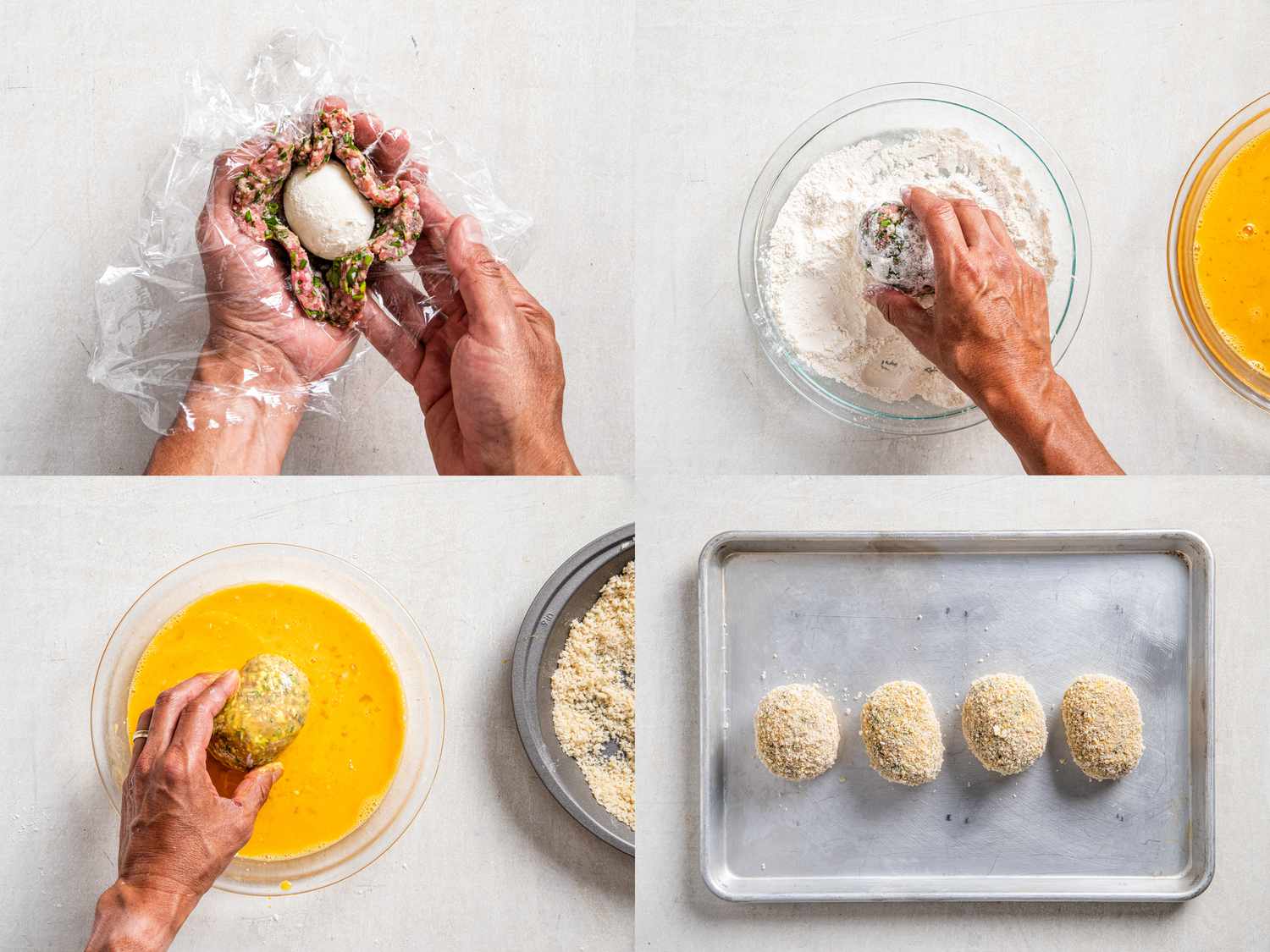 4 image collage. Top Left:wrapping the sides of the patty around the egg using the plastic wrap. Top Right: Dredging egg in flour. Bottom Left: Dredging egg in whisked eggs. Bottom Right: 4 prepared eggs on a baking sheet. 