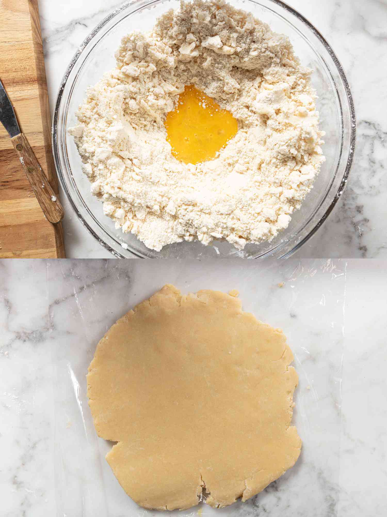 2 image collage. Top: Beaten eggs into center well of dough in glass bowl. Bottom: Dough flattened into disc on top of plastic wrap