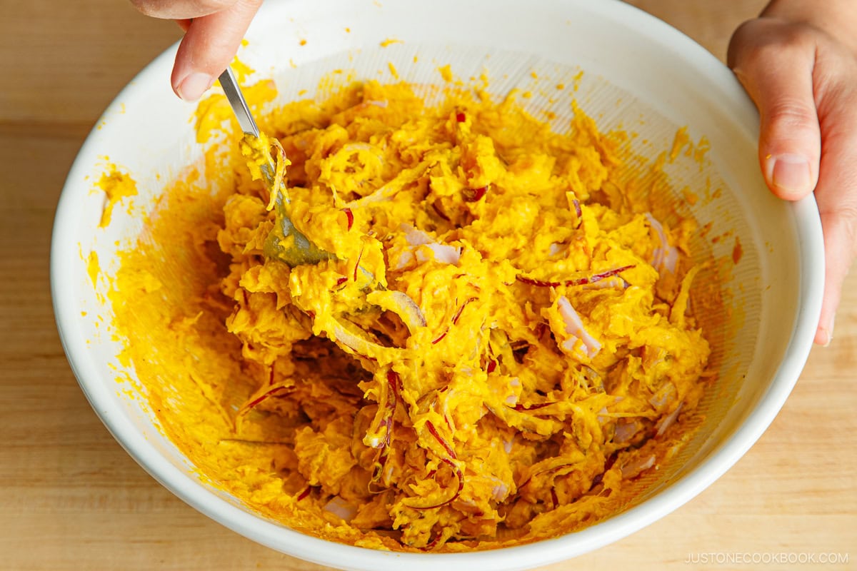 Kabocha salad mixing in the bowl