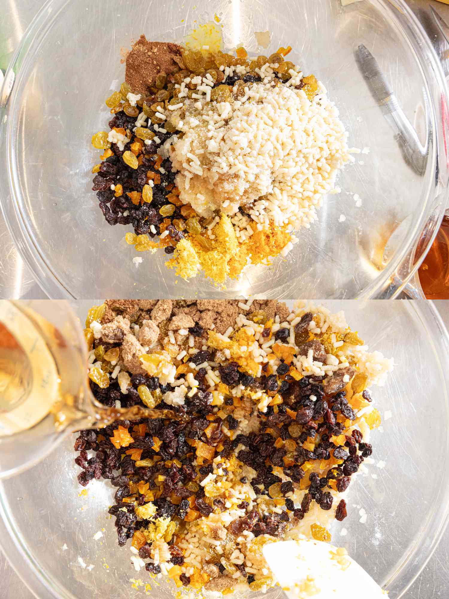 2 image collage. Top: currants, raisins, sultanas, dark brown sugar, apple, beef or vegetable suet, candied orange peel, orange juice and zest, lemon juice and zest, and mixed spice together in a glass bowl Bottom: Adding Brandy and mixing with a spatula 