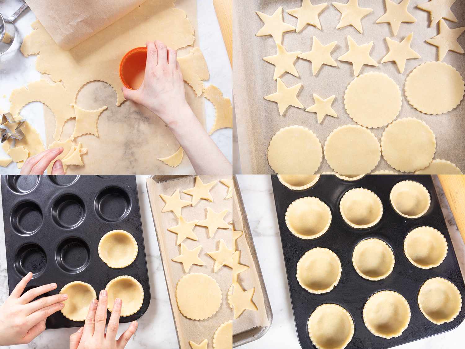 4 image collage. Top Left:Cutting scalloped round shapes out of rolled out dough an a prepared surface. Top Right: Rounds and stars cute out on parchment paper Bottom Left: Fingers pressing dough rounds into bottom of tins Bottom Right: Dough lining bottom of each space in tin