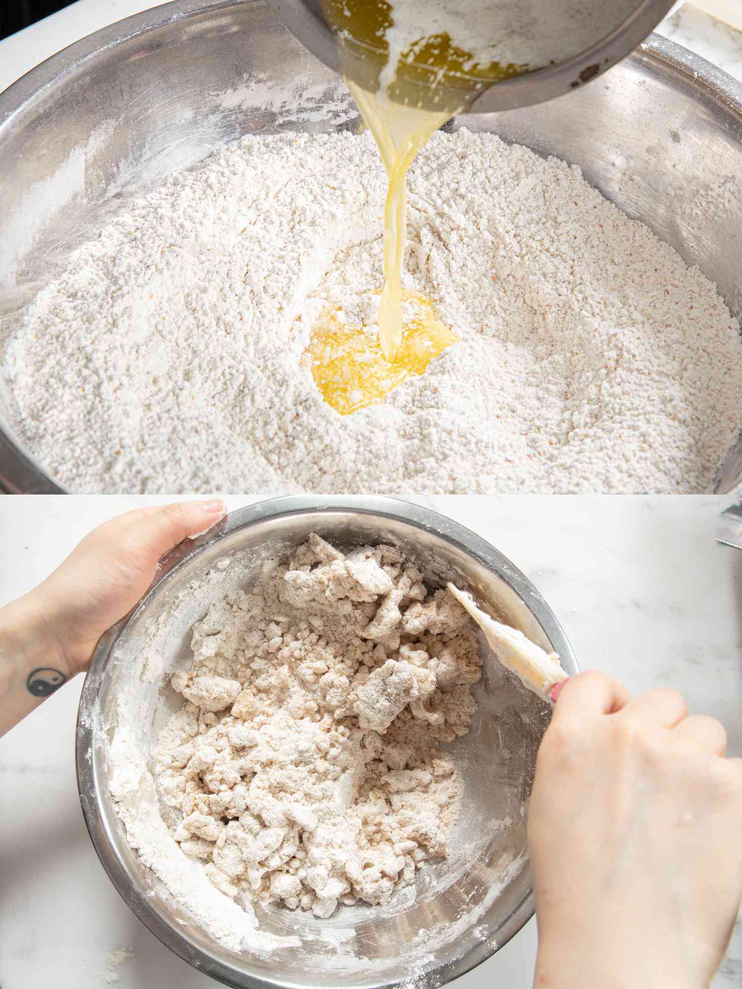 Two image collage of adding egg and dough formed