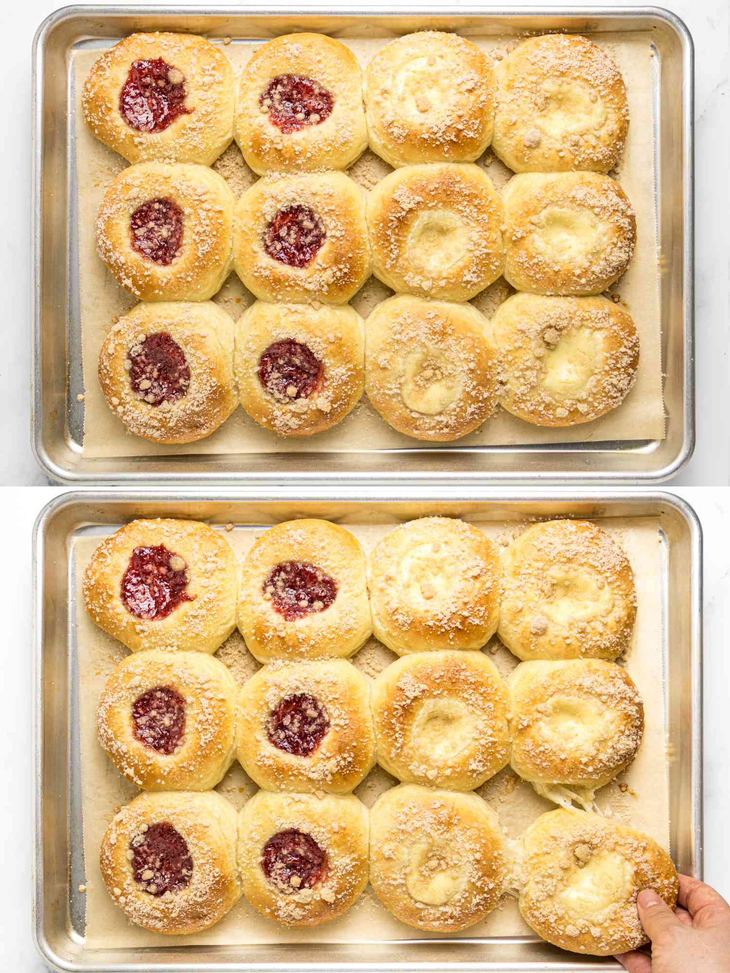 2 image collage. Top: Baked Kolaches on a sheetpan. Bottom: Hand pulling bottom right kolach from pan