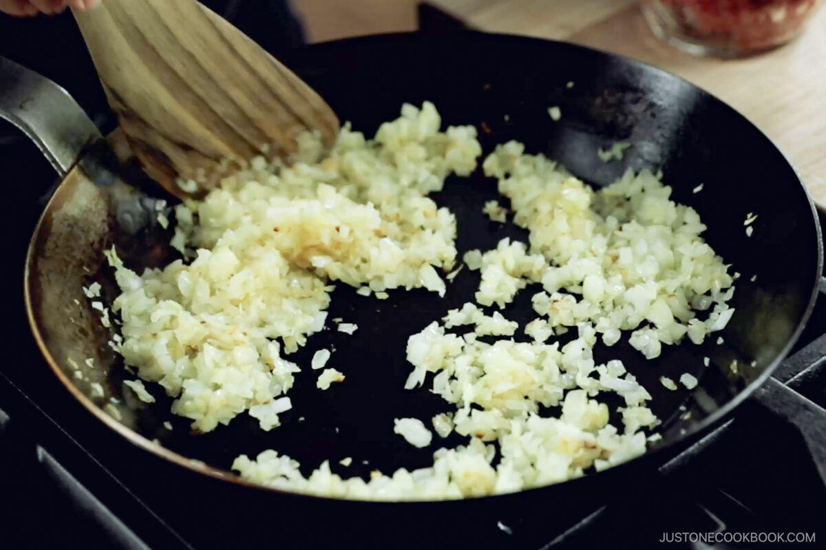 Saute the onions until golden.