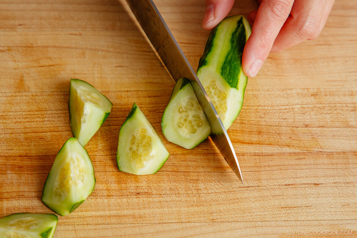 Cutting cucumber in rangiri Japanese cutting technique.