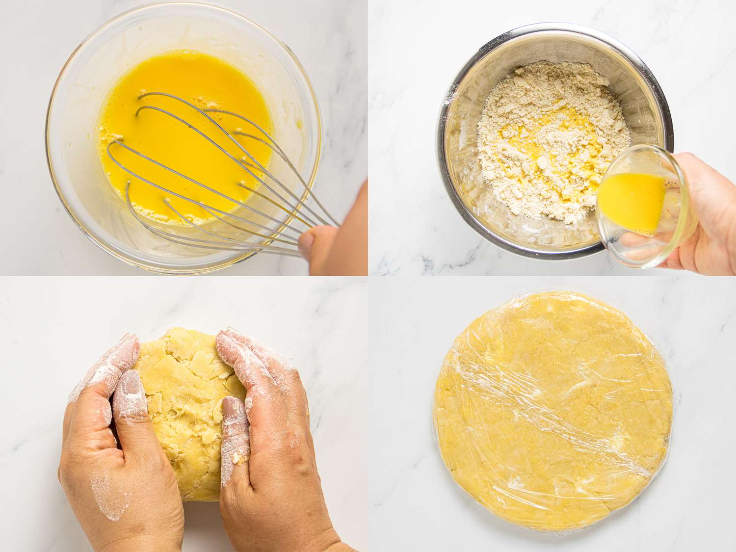 Steps showing the preparation of pastry dough, whisking eggs, mixing with flour, kneading, and wrapping