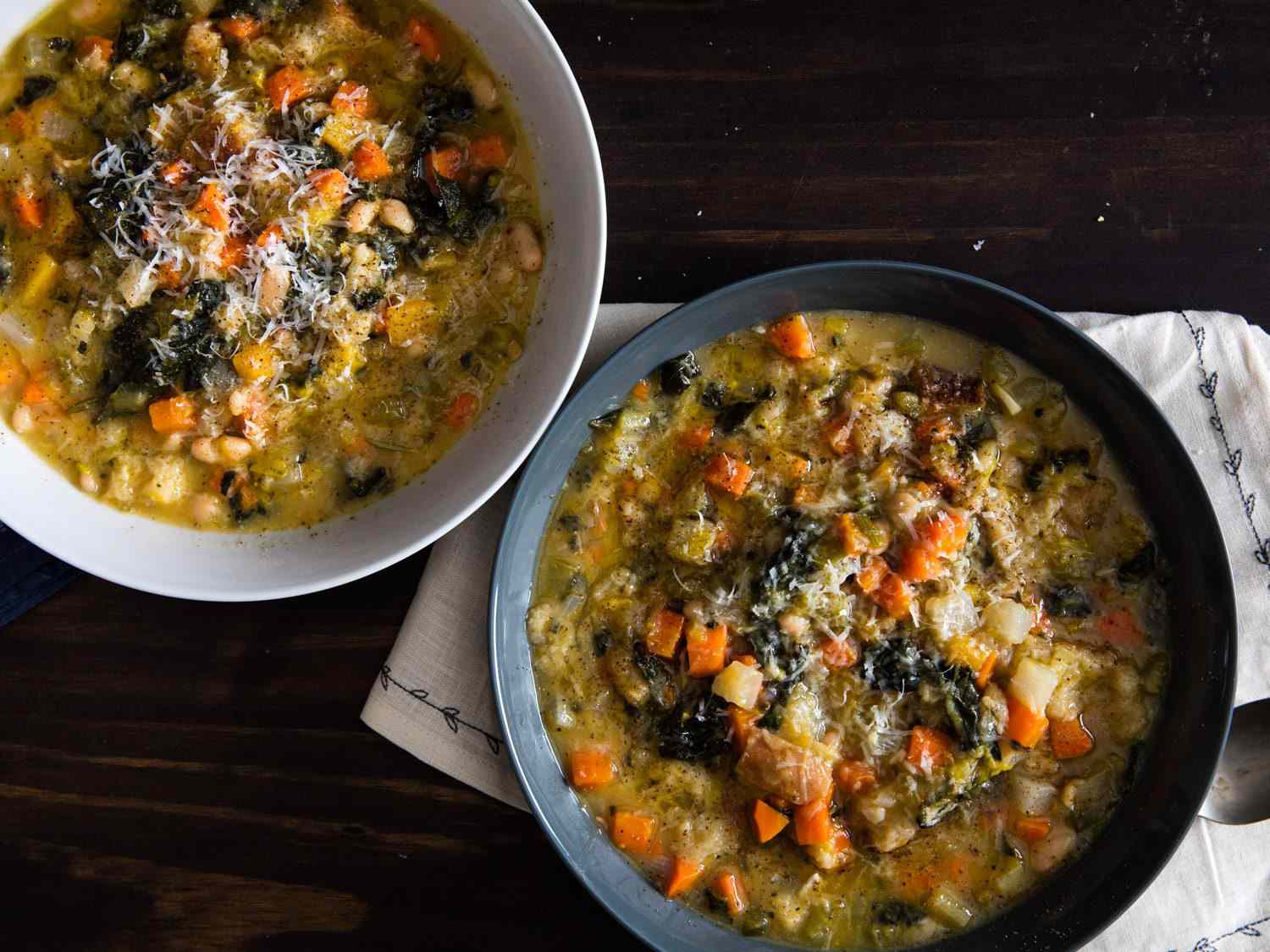 Overhead view of two bowls of ribollita soup.