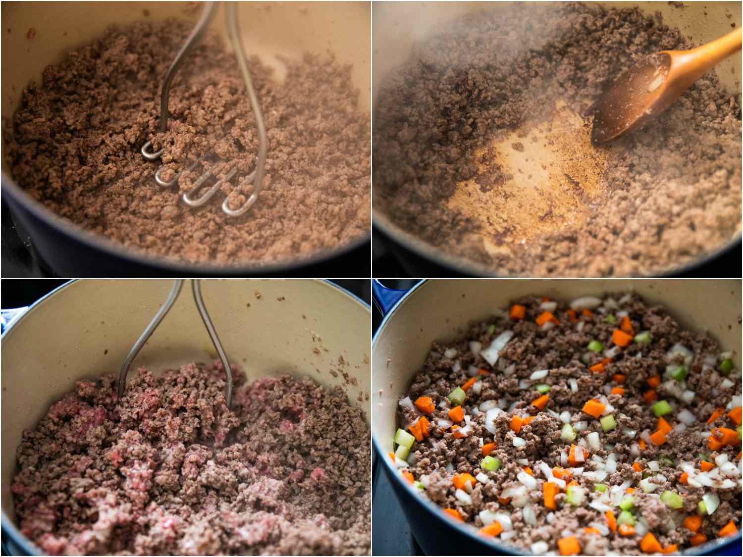 Four photo collage of meat browning in Dutch oven (being stirred and broken up with a potato masher), and the last photo with vegetables mixed in, for shepherd's pie.