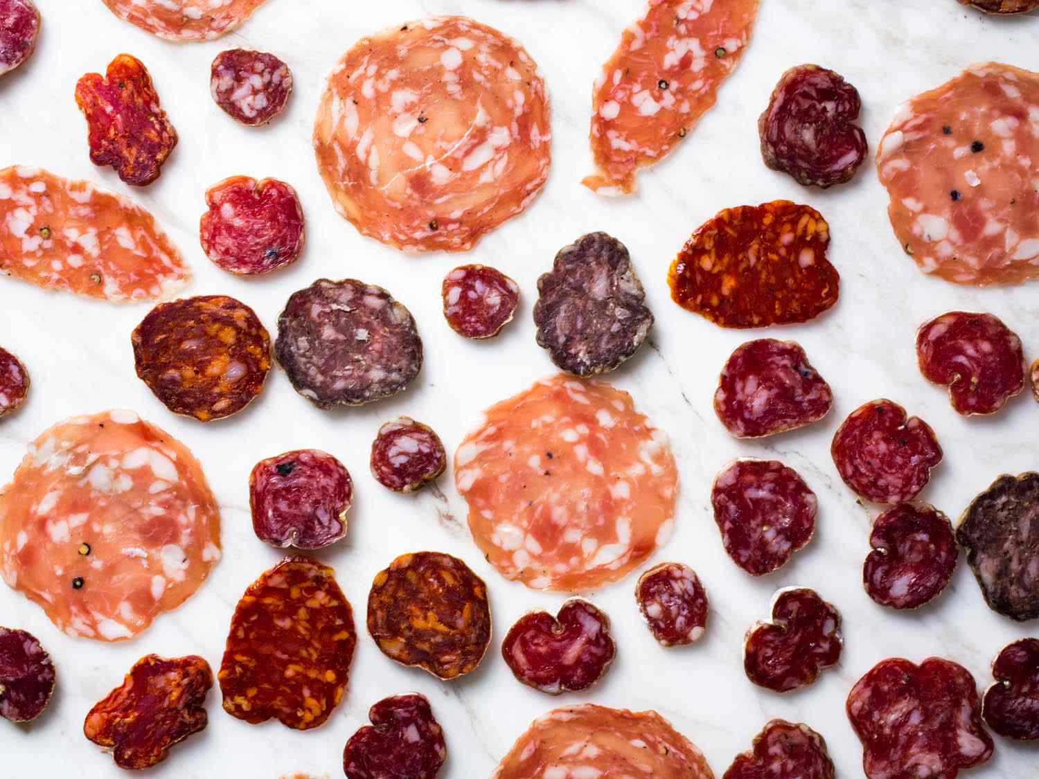 Overhead view of assorted sliced salumi