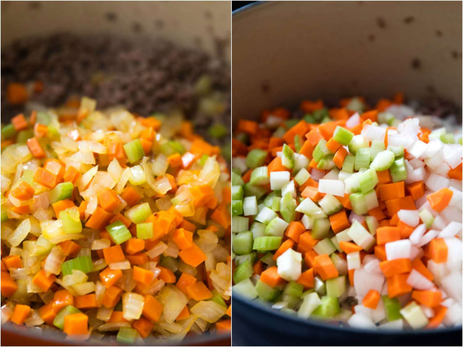 A two photo collage of finely chopped onion, celery, and carrot sautéed in a pot and one side, and the same raw onion, celery, and carrots in a pot on the other side. 