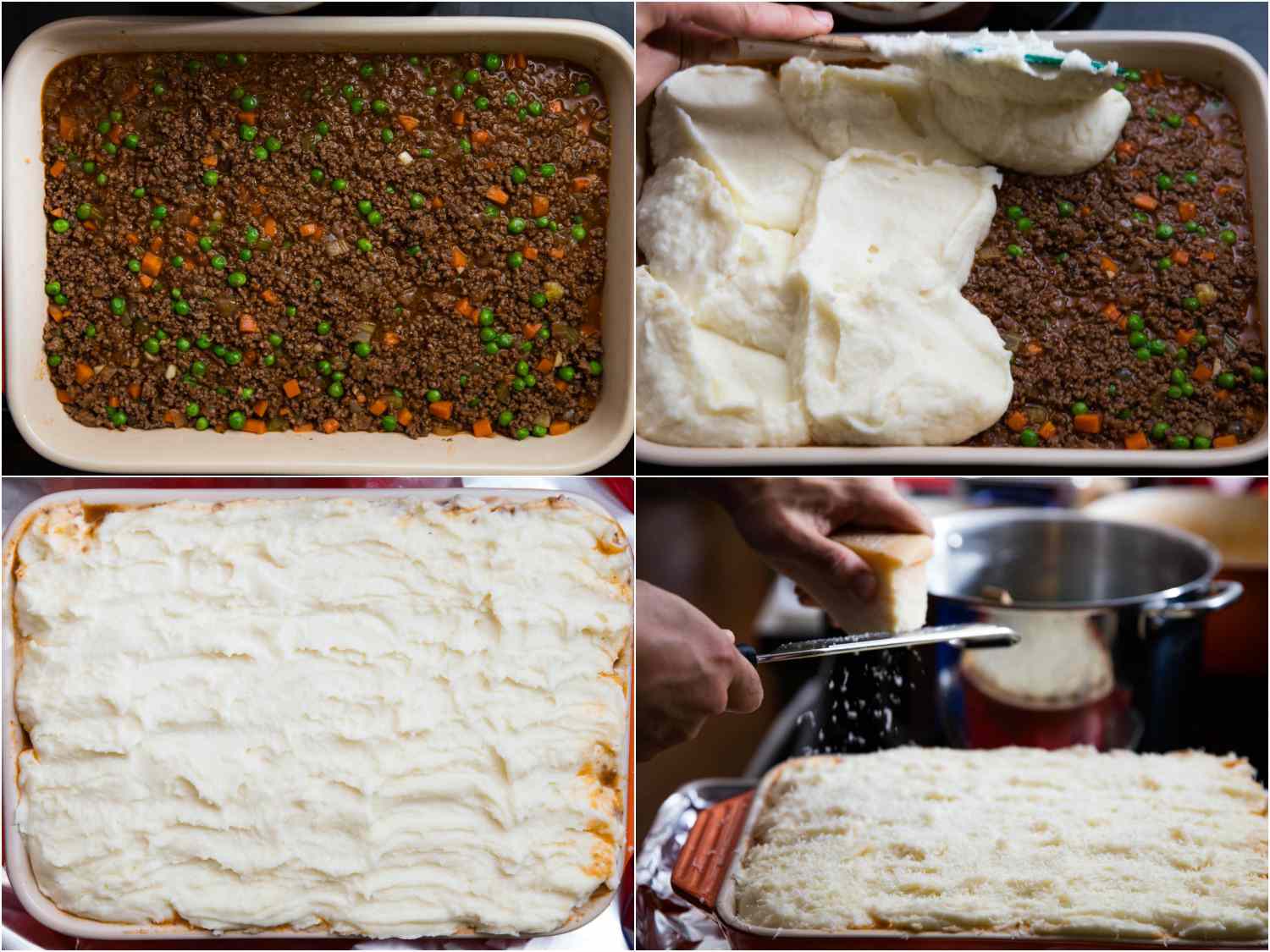 A four photo collage of shepherd's pie being topped with mashed potatoes and parmesan cheese.