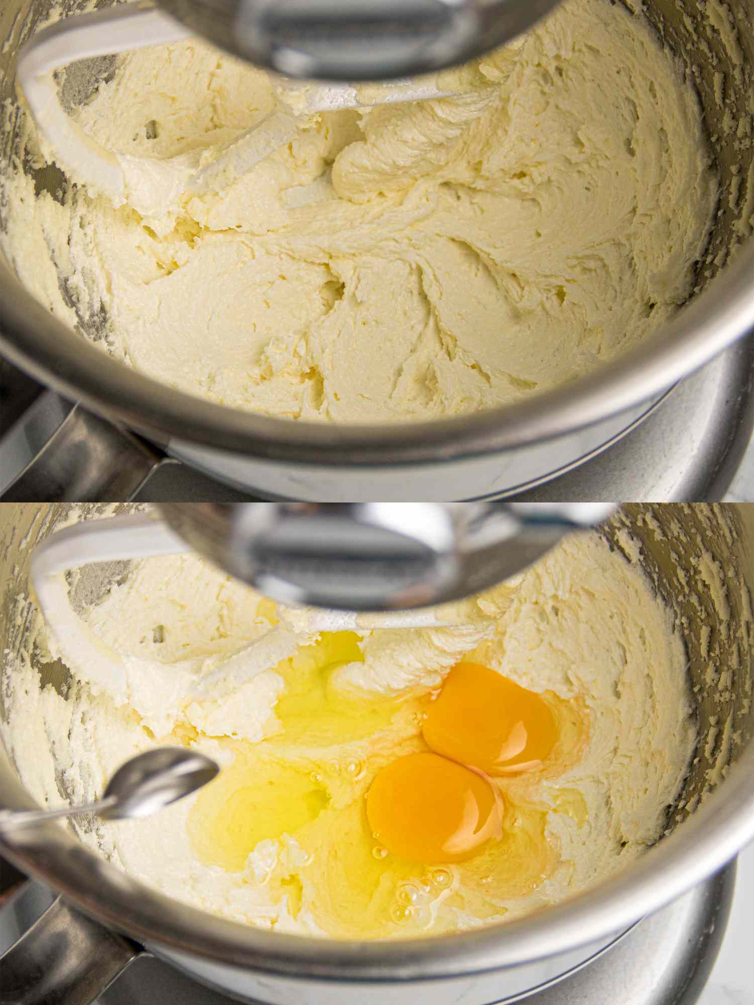 Baking process with butter and sugar in a mixing bowl, and eggs being added in the second step