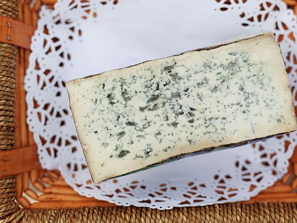 A slab of gorgonzola cheese
