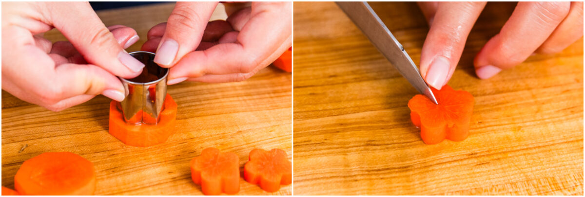 Two images: On the left, hands use a flower-shaped cutter on a carrot slice. On the right, a hand uses a knife to carve detailed lines on a flower-shaped carrot slice, all on a wooden cutting board.