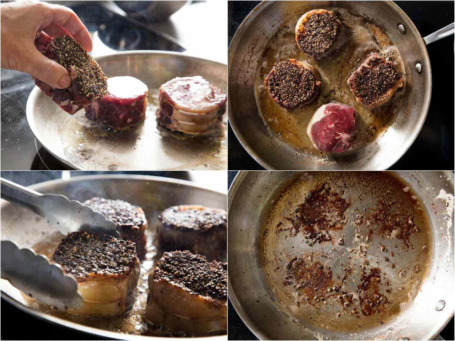 Collage of steaks being seared in a skillet. A peppery fond is left behind.