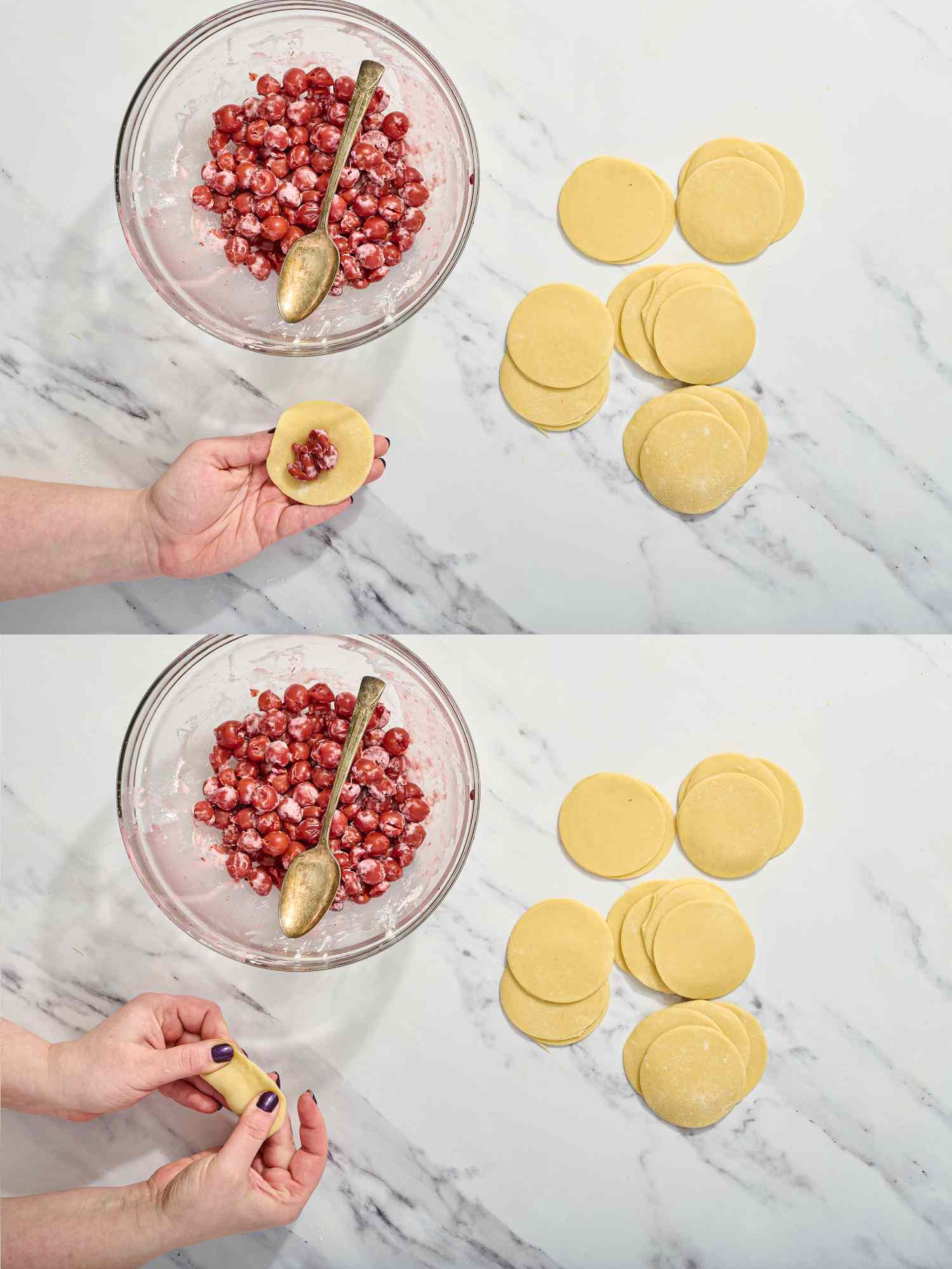 2 image collage. Top: Filling dough with cherries, with bowl and dough rounds on the side. Bottom: folding dough together to make dumplings