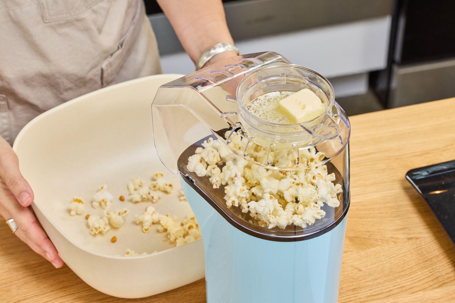 Popcorn is made in the Dash Hot Air Popcorn Maker