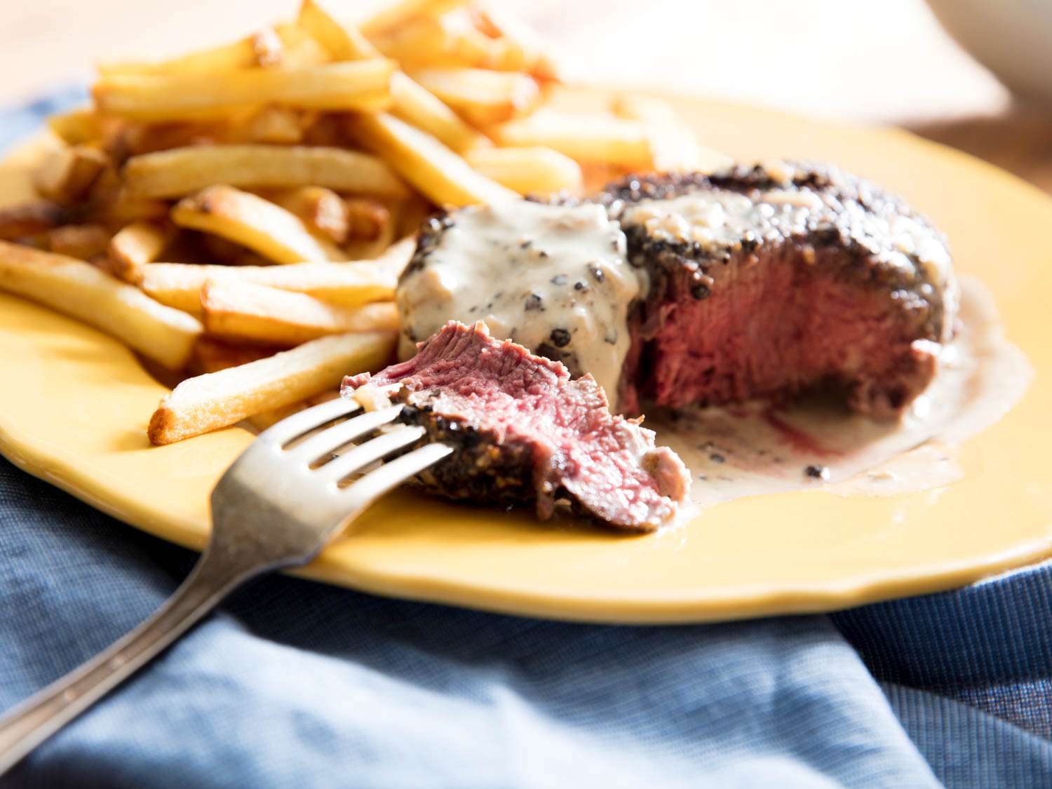 A plate of steak au poivre with french fries.