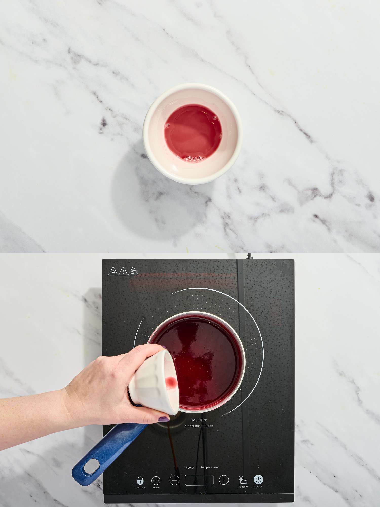 2 image collage. Top: Cherry juice and cornstarch mixed in small bowl. Bottom: mixing slurry into cherry sauce in saucepan 