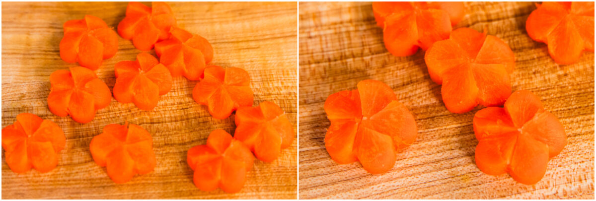 Sliced carrot pieces shaped like flowers are arranged on a wooden cutting board, shown in close-up detail.