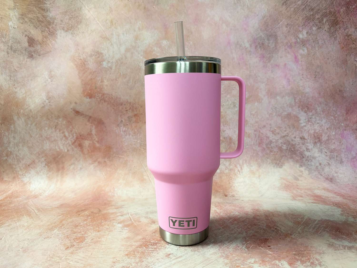 A pink Yeti insulated tumbler.