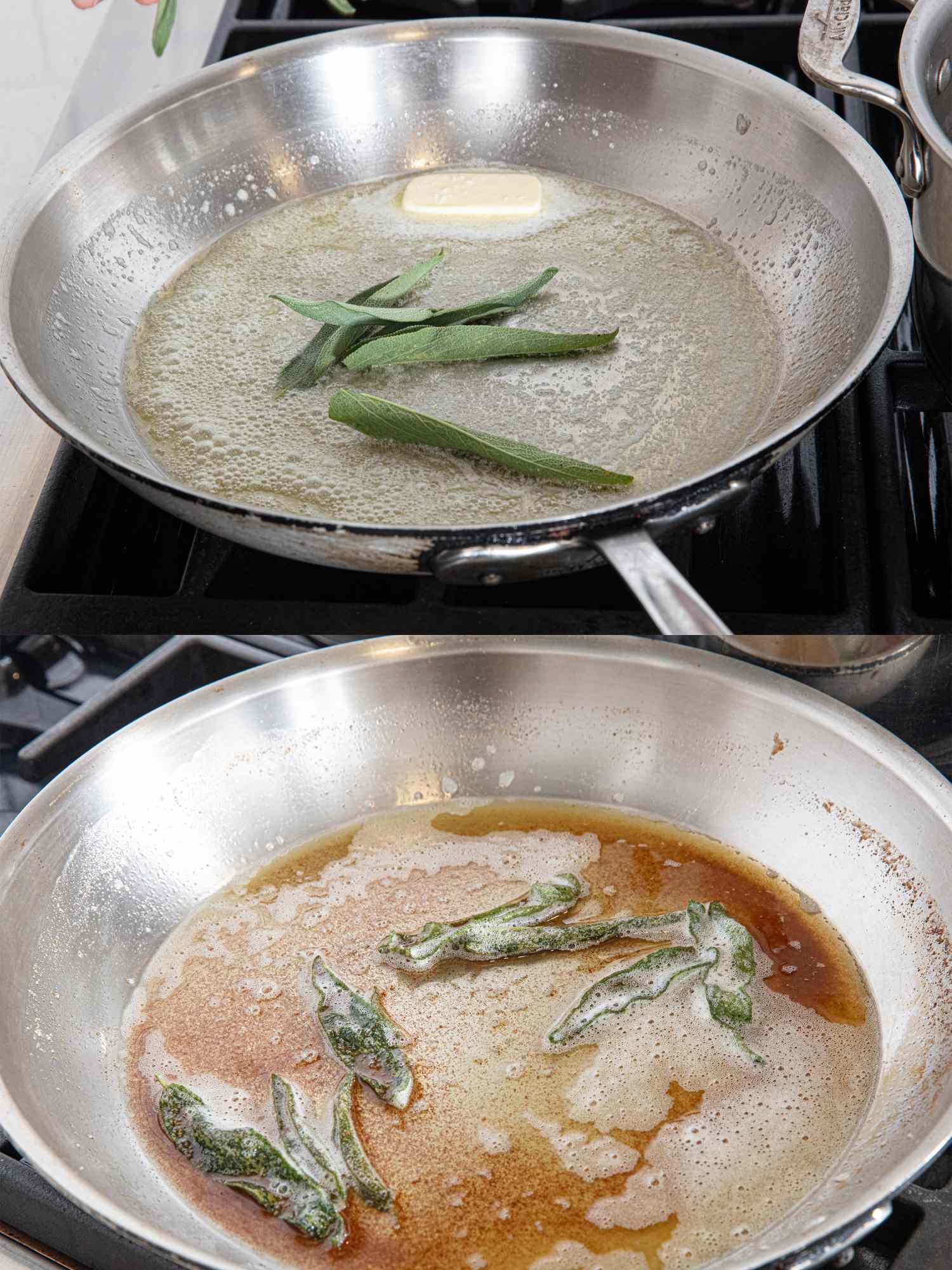 Two stages of browned butter preparation with sage in a frying pan