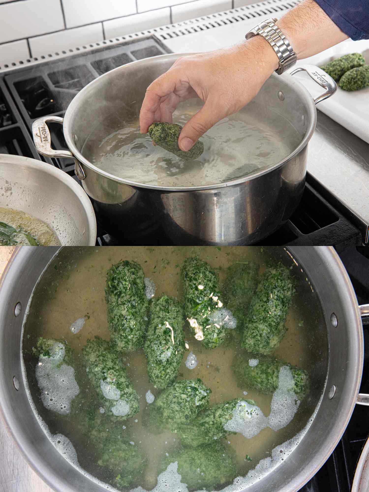 A hand placing spinach dumplings into a boiling pot of water with another image below showing the dumplings cooking in the pot