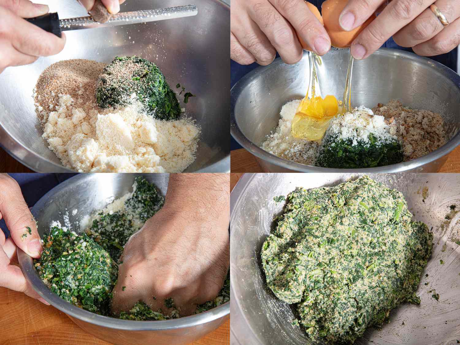 Steps for preparing a spinach mixture in a bowl grated ingredients adding eggs mixing by hand