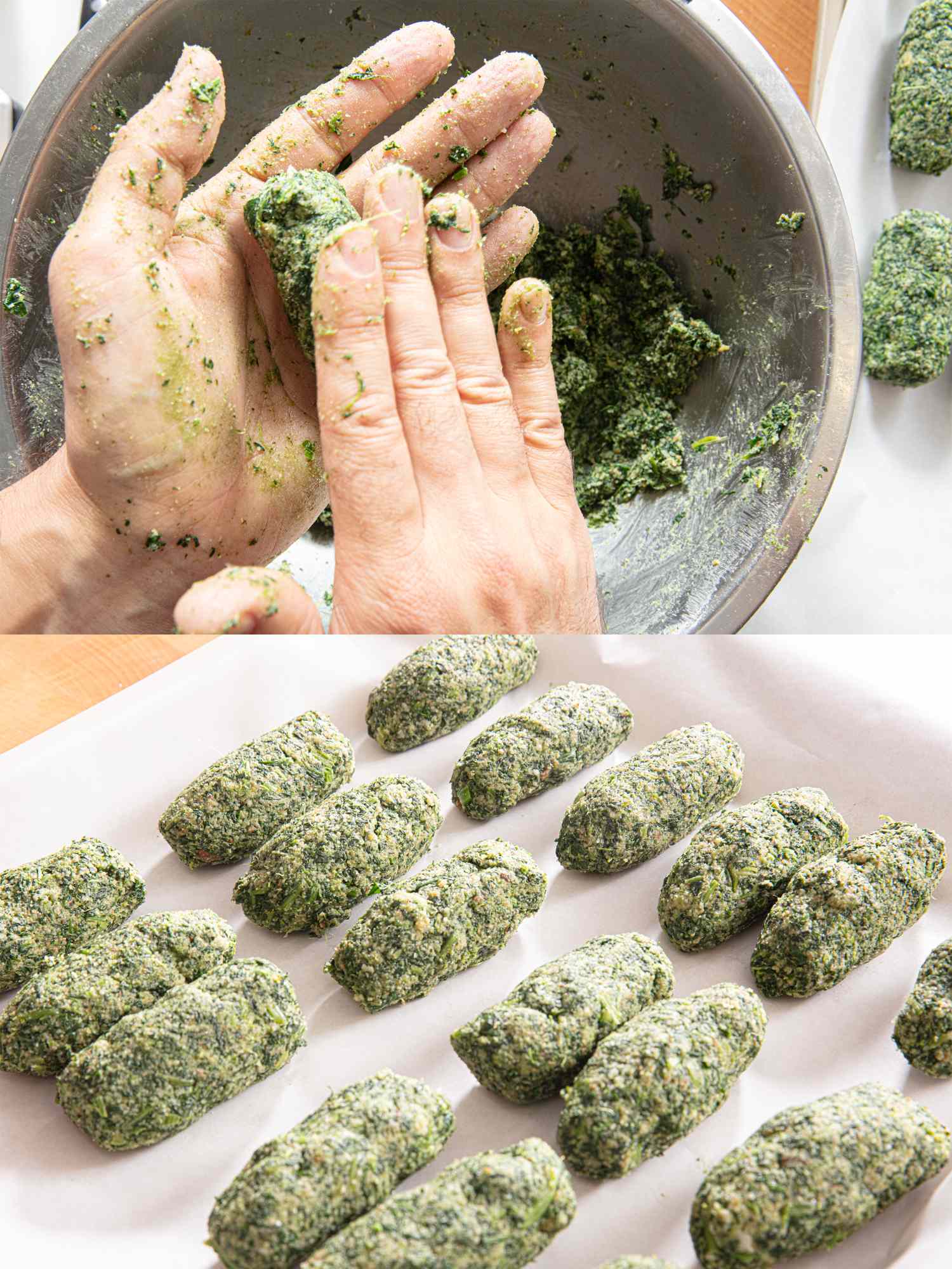 Two images of spinach dumplings being formed by hand and arranged on a tray