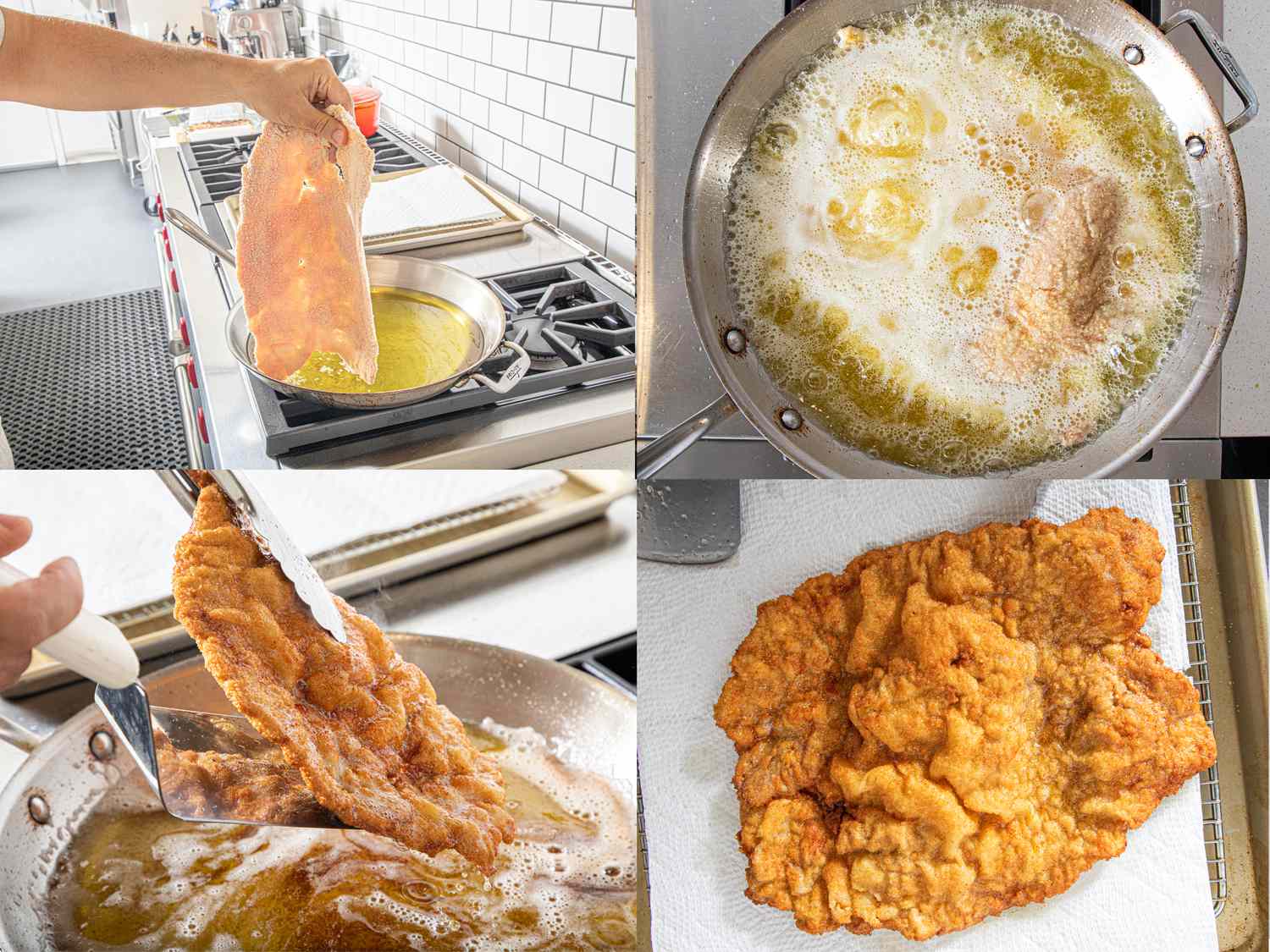 Stages of cooking a wiener schnitzel including breading frying and the finished dish on paper
