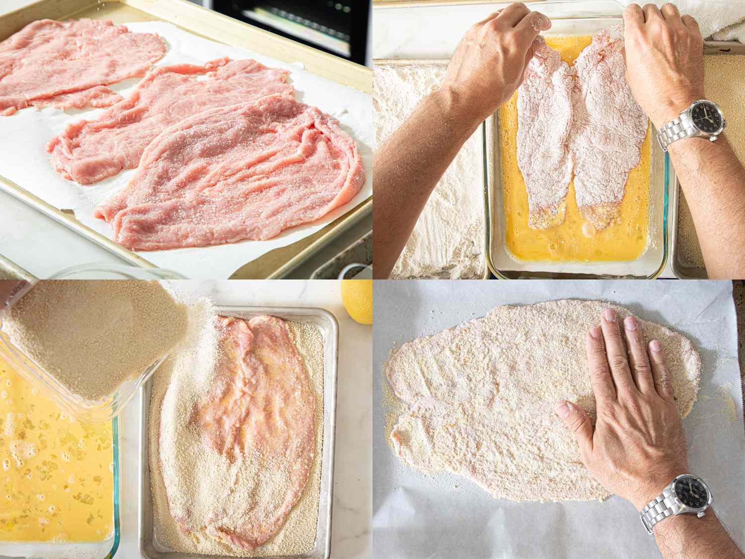 Steps in preparing breaded schnitzel including flattening meat coating with egg and breadcrumbs and pressing the coating