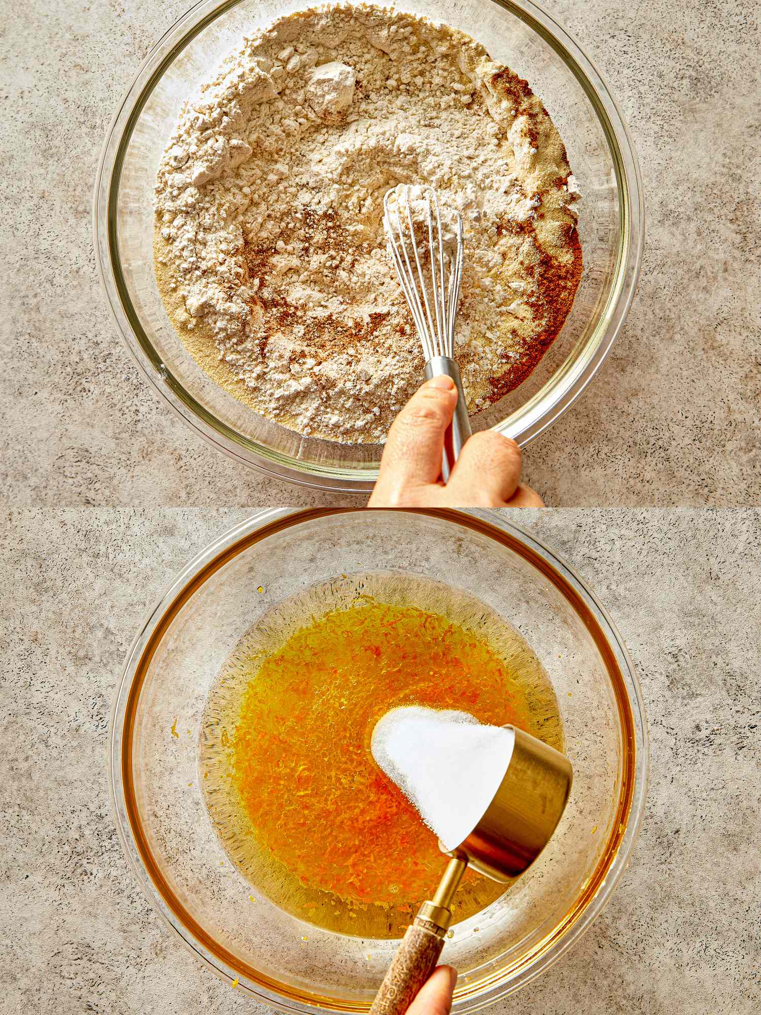 Two mixing bowls one with dry ingredients and a whisk and another with liquid ingredients and a measuring cup