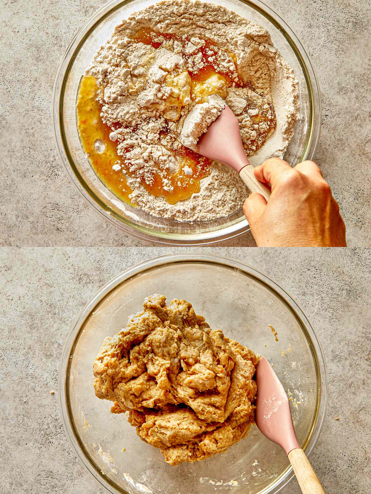 Two photos portraying the process of mixing dough in a glass bowl using a silicone spatula