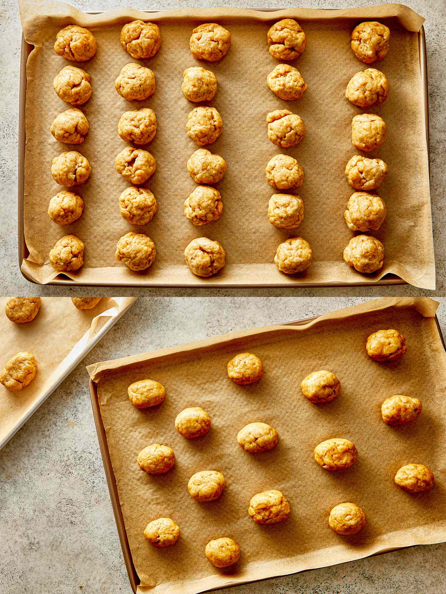 Baking trays with rows of evenly spaced dough balls