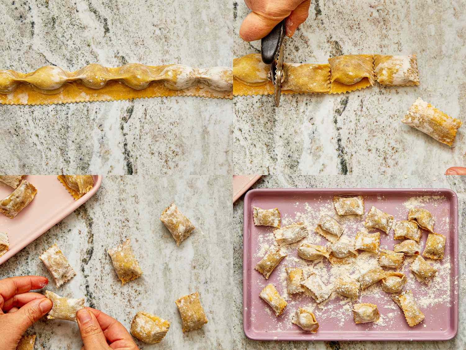 Steps showing preparation and cutting of filled pasta into individual pieces on a textured surface