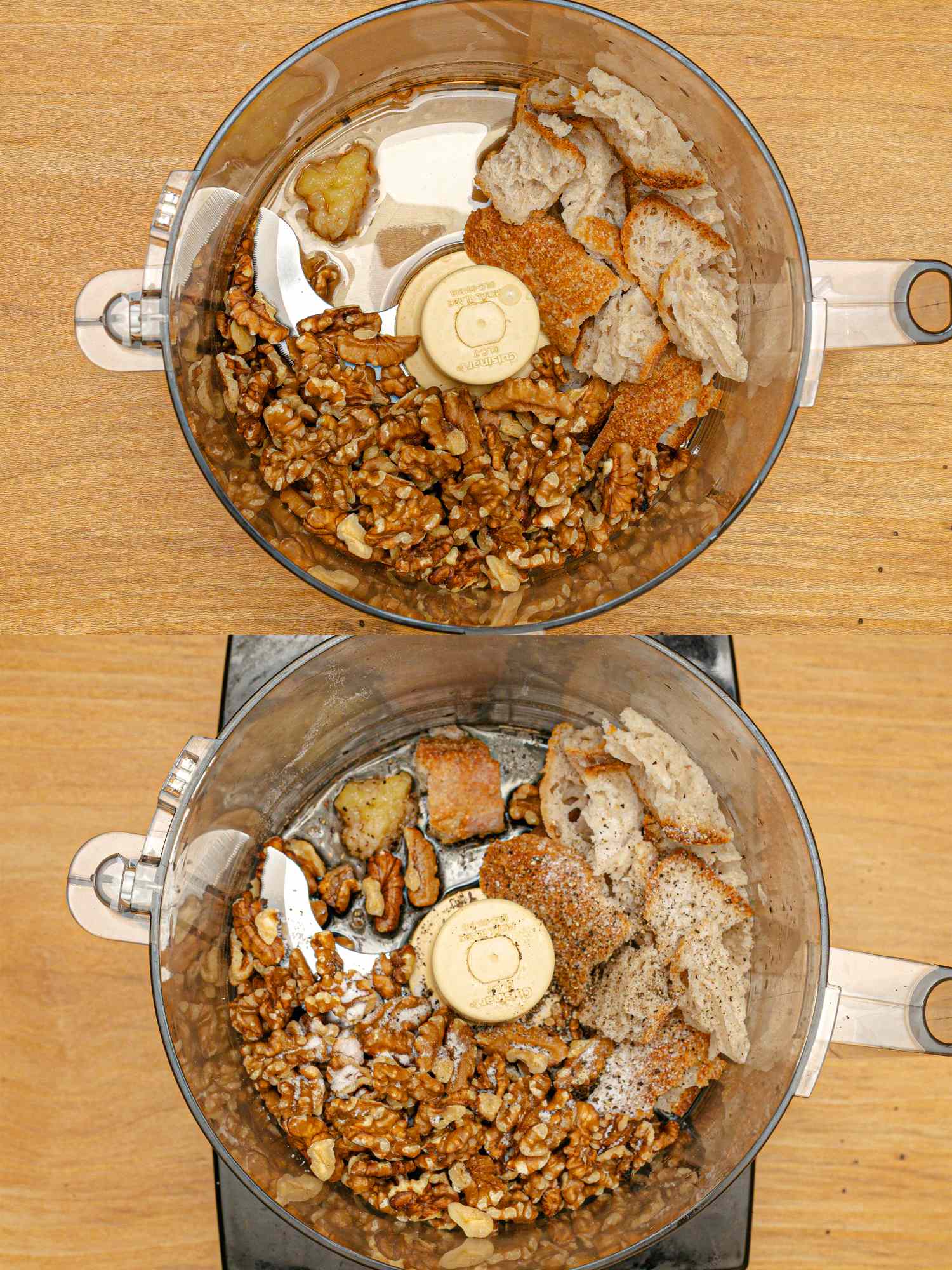 Two views of a food processor containing bread pieces walnuts and other ingredients during preparation of walnut skordalia