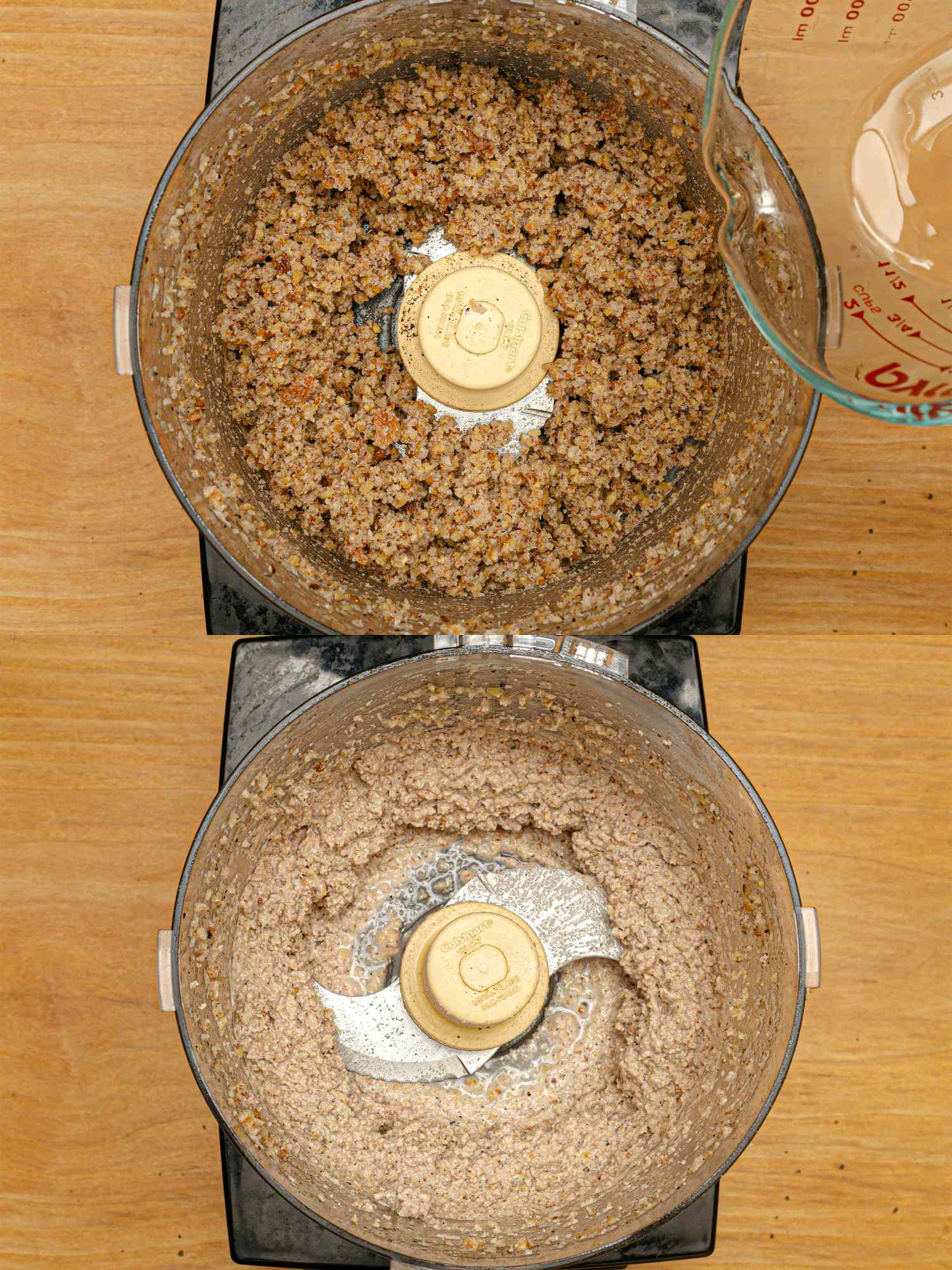 Two food processors one with a blended mixture and the other with a finely ground preparation