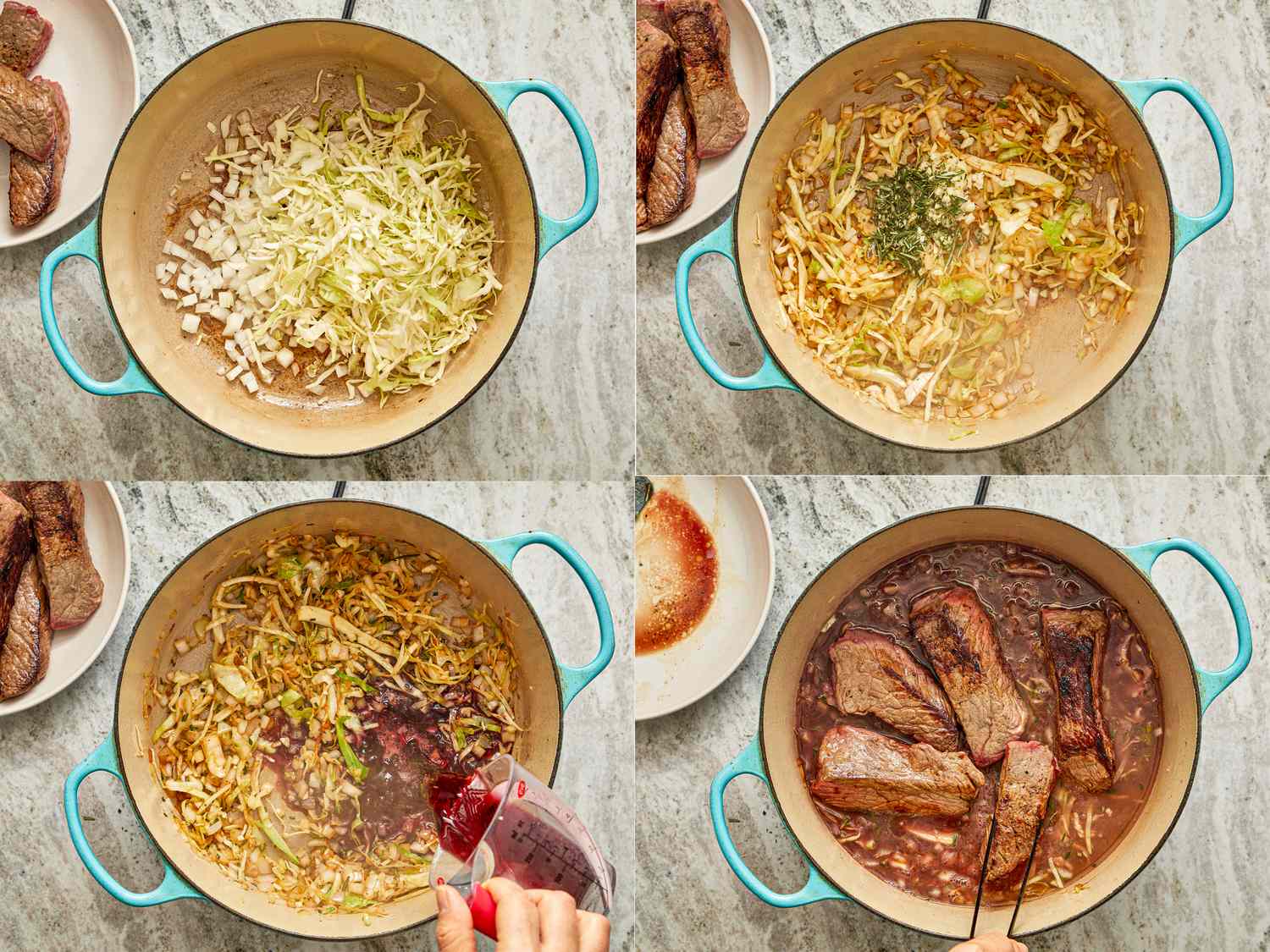 Steps in cooking vegetables in a pot broth added stirfrying beef added to the pot