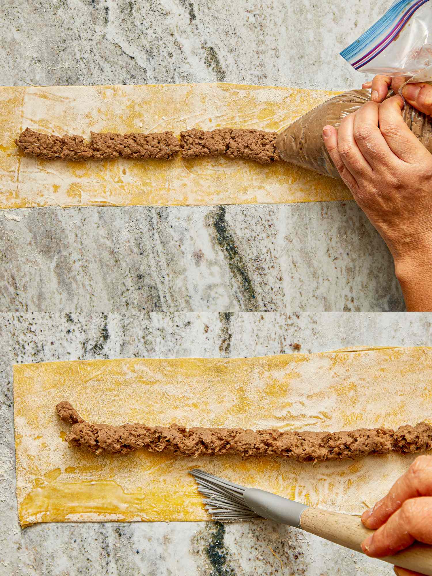 Step of filling pasta sheets with stuffing using a piping bag and securing the edges with a fork